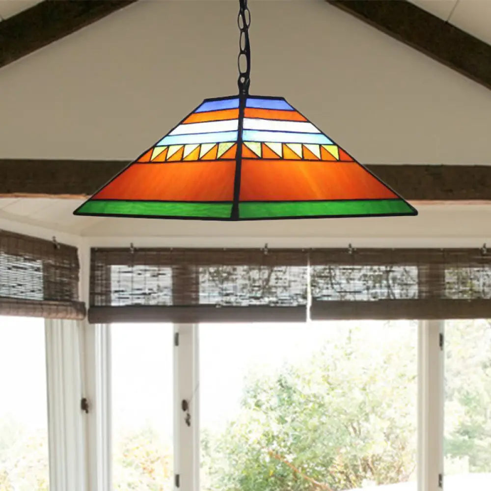 Stained Glass Pyramid Pendant Light - Tiffany-Style Hanging Lamp In A Vibrant Orange/Yellow Hue For