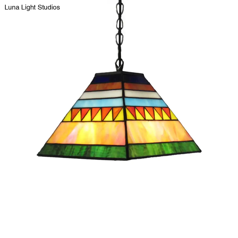 Stained Glass Pyramid Pendant Light - Tiffany-Style Hanging Lamp In A Vibrant Orange/Yellow Hue For