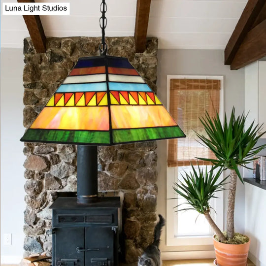 Stained Glass Pyramid Pendant Light - Tiffany-Style Hanging Lamp In A Vibrant Orange/Yellow Hue For