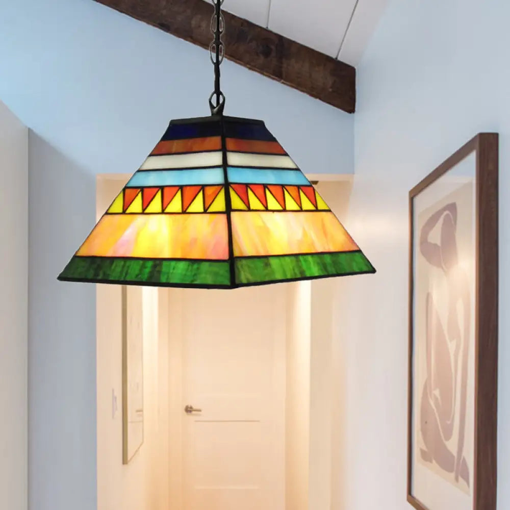 Stained Glass Pyramid Pendant Light - Tiffany-Style Hanging Lamp In A Vibrant Orange/Yellow Hue For