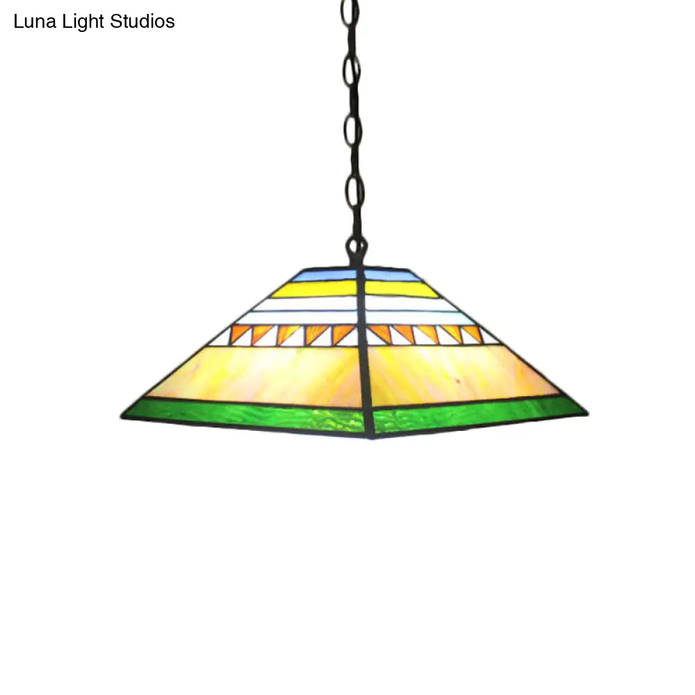 Stained Glass Tiffany-Style Single Bulb Pyramid Pendant Light In Orange/Yellow For Hallway