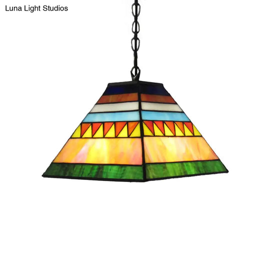 Stained Glass Tiffany-Style Single Bulb Pyramid Pendant Light In Orange/Yellow For Hallway
