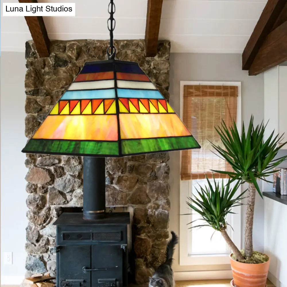 Stained Glass Tiffany-Style Single Bulb Pyramid Pendant Light In Orange/Yellow For Hallway