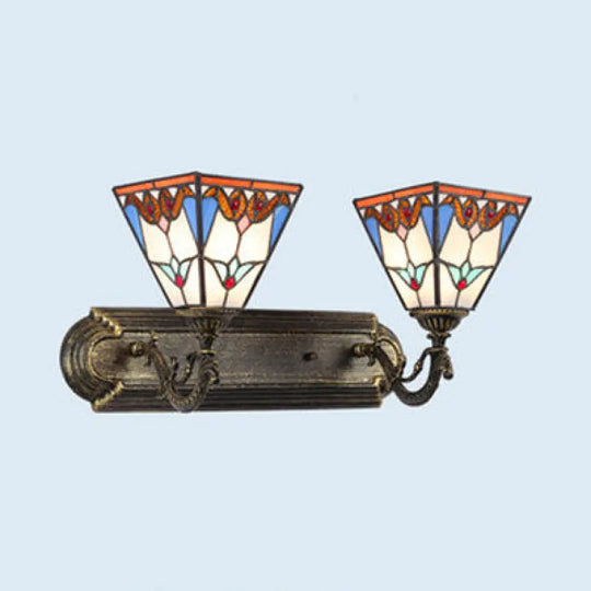 Stained Glass Pyramid Sconce Light With 2 Lights - Aged Brass Wall Fixture For Bedroom Antique