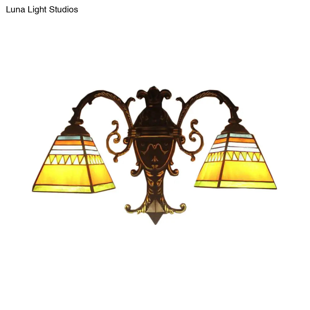 Stained Glass Pyramid Wall Lamp With 2 Heads - White/Blue/Yellow Ideal For Corridor Lighting