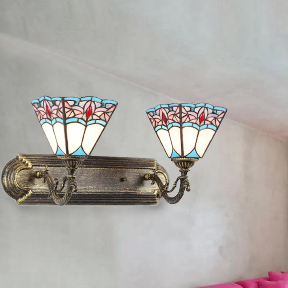 Stained Glass Pyramid Wall Sconce Light - Tiffany Style Aged Brass For Bedroom Blue