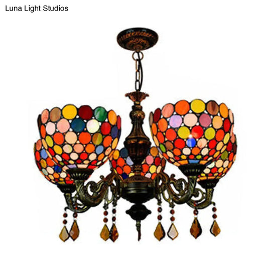 Vintage Stained Glass Chandelier - Retro Bowl Design With 5 Hanging Lamps For Dining Room Décor