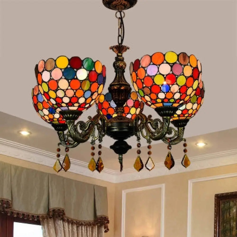 Stained Glass Retro Bowl Chandelier With 5 Hanging Heads For Dining Room Decor Bronze