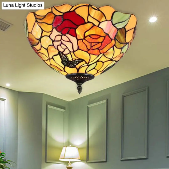 Stained Glass Rose Flush Mount: Lodge Inspired 2-Light Ceiling Fixture For Bedroom Beige