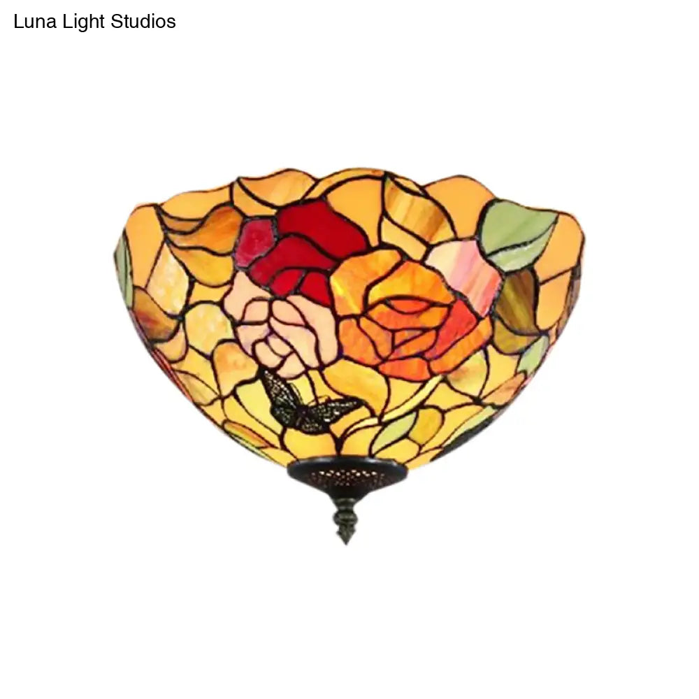 Stained Glass Rose Flush Mount: Lodge Inspired 2-Light Ceiling Fixture For Bedroom