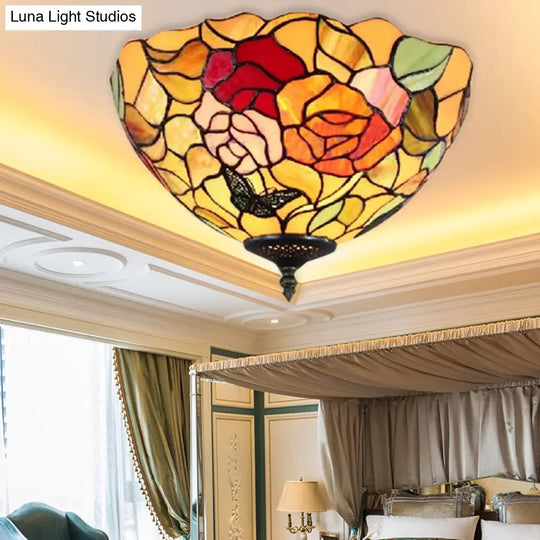 Stained Glass Rose Flush Mount: Lodge Inspired 2-Light Ceiling Fixture For Bedroom