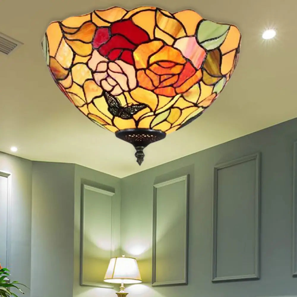 Stained Glass Rose Flush Mount: Lodge Inspired 2-Light Ceiling Fixture For Bedroom Beige