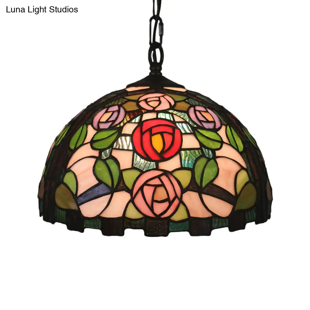 Stained Glass Rose Pattern Pendant Light With Green Bulb And Dome Shade - Mediterranean Style