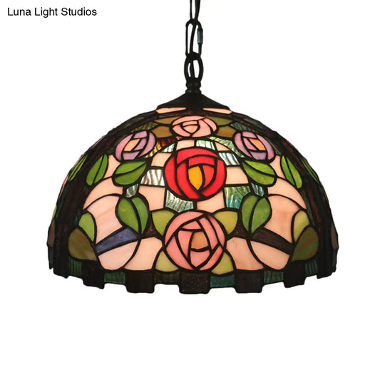 Stained Glass Rose Pattern Pendant Light With Green Bulb And Dome Shade - Mediterranean Style