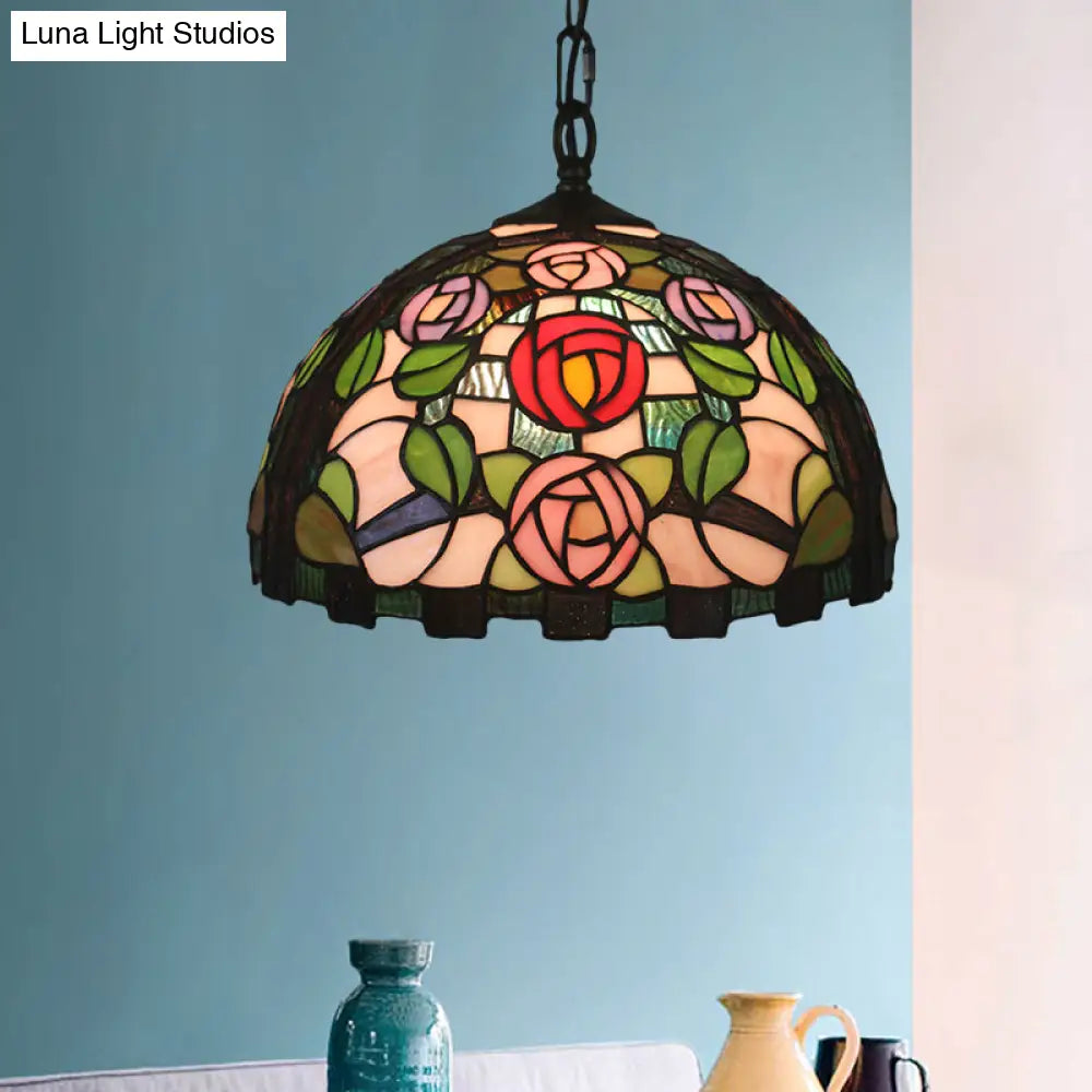 Stained Glass Rose Pattern Pendant Light With Dome Shade - Mediterranean Style