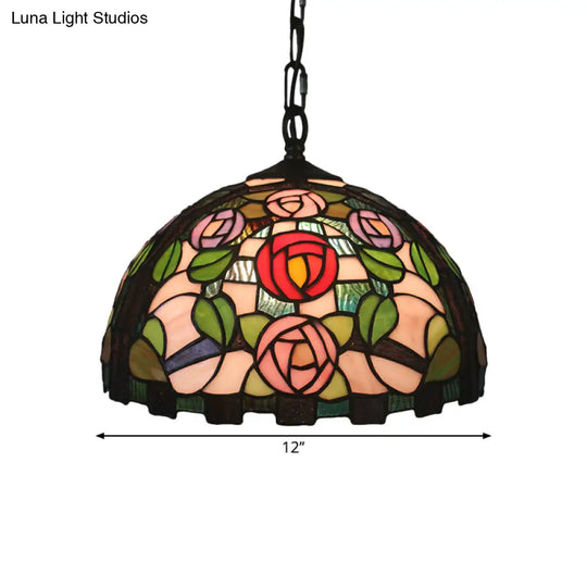 Stained Glass Rose Pattern Pendant Light With Dome Shade - Mediterranean Style