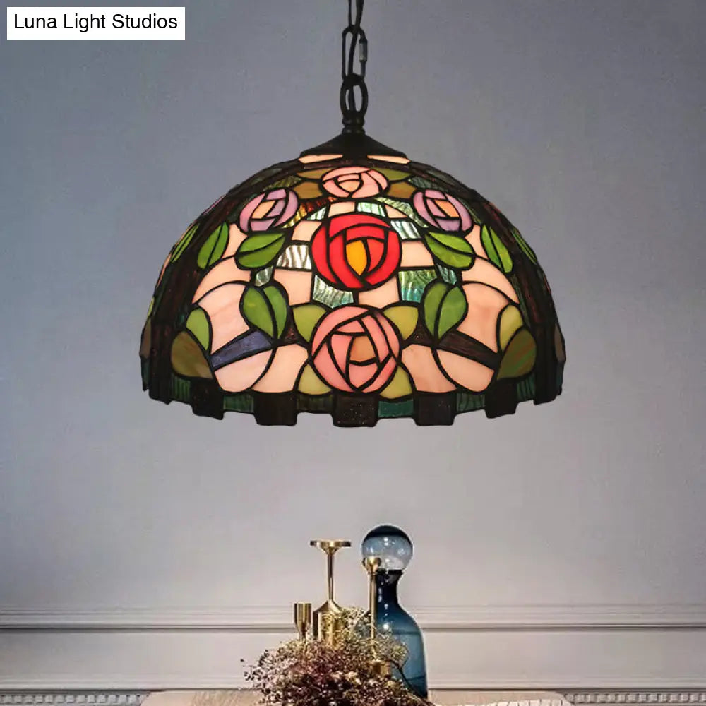 Stained Glass Rose Pattern Pendant Light With Green Bulb And Dome Shade - Mediterranean Style