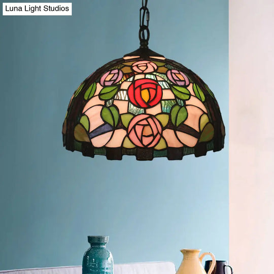Stained Glass Rose Pattern Pendant Light With Green Bulb And Dome Shade - Mediterranean Style