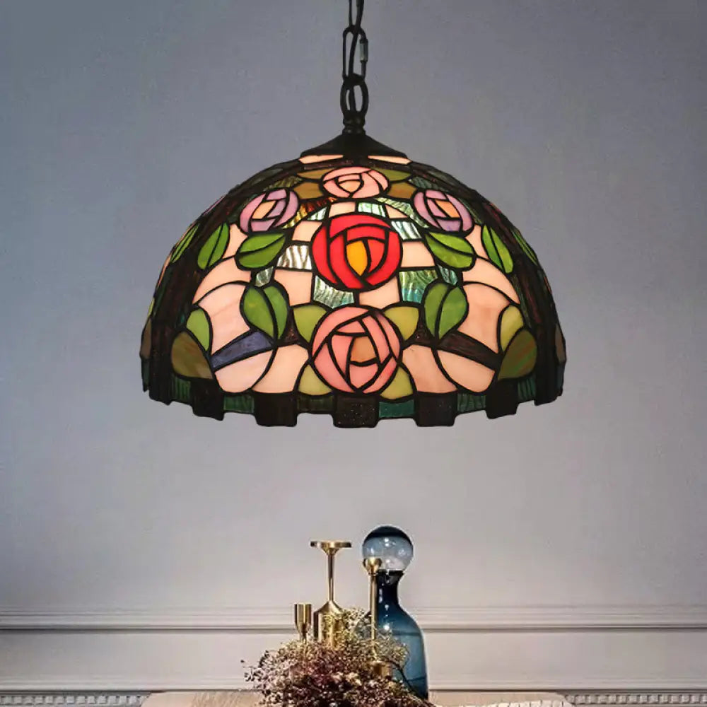 Stained Glass Rose Pattern Pendant Light With Dome Shade - Mediterranean Style Green