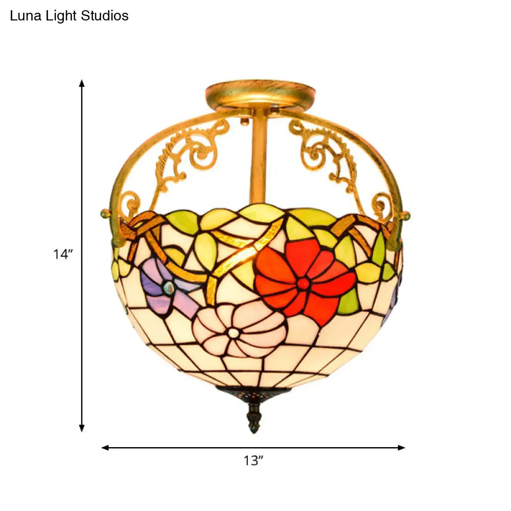 Stained Glass Rose Semi Flush Mount Lighting - Elegant 2 - Light Mediterranean Ceiling Fixture In