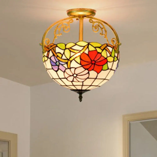 Stained Glass Rose Semi Flush Mount Lighting - Elegant 2 - Light Mediterranean Ceiling Fixture In