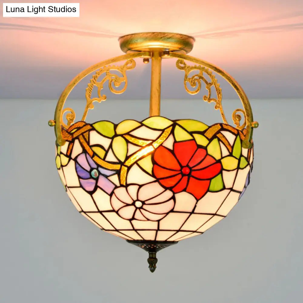 Rose Semi Flush Mount 2-Light Stained Glass Ceiling Fixture - Mediterranean Style In Red/Pink/Blue