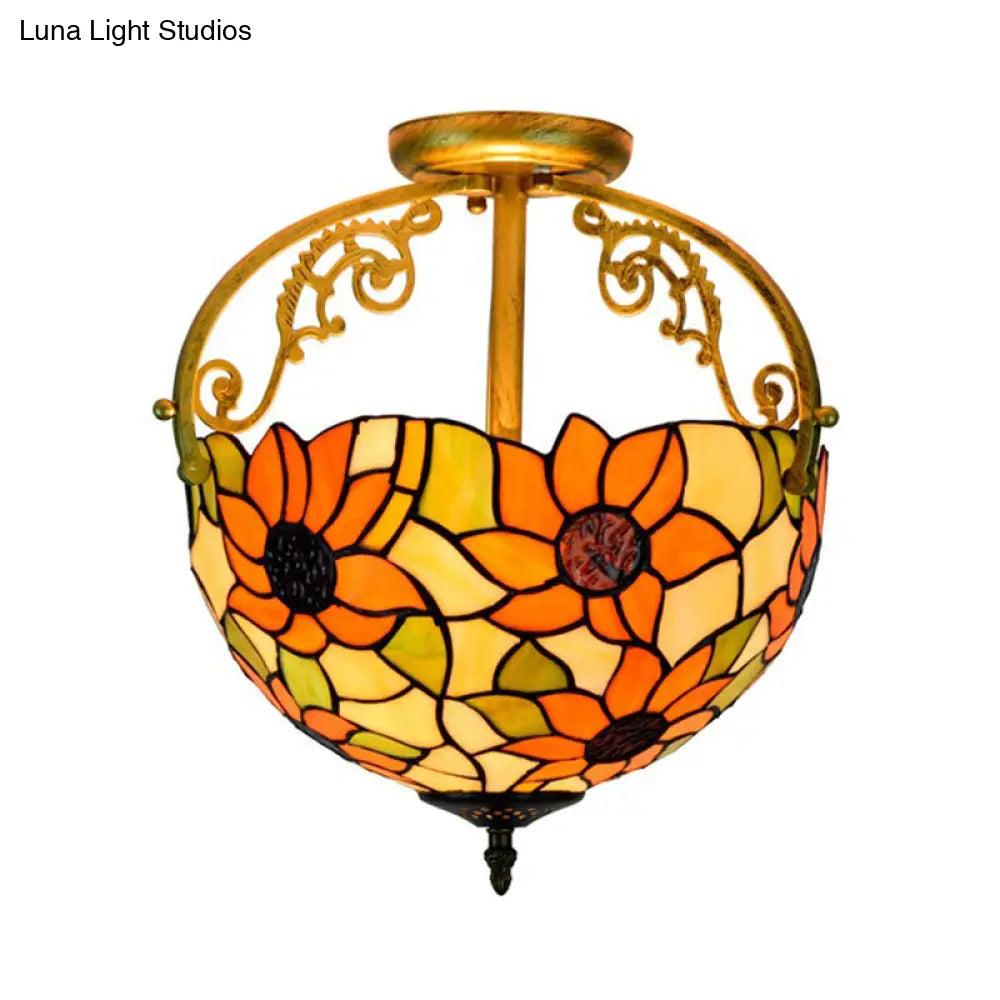 Stained Glass Rose Semi Flush Mount Lighting - Elegant 2 - Light Mediterranean Ceiling Fixture In