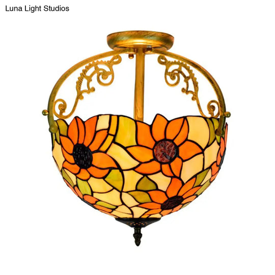 Stained Glass Rose Semi Flush Mount Lighting - Elegant 2 - Light Mediterranean Ceiling Fixture In