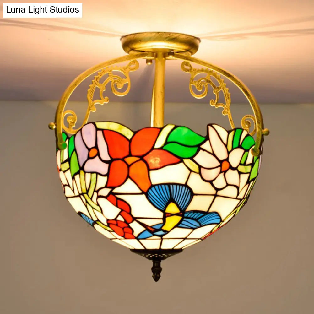 Stained Glass Rose Semi Flush Mount Lighting - Elegant 2 - Light Mediterranean Ceiling Fixture In