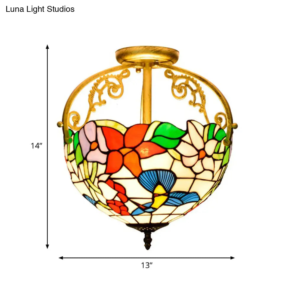 Stained Glass Rose Semi Flush Mount Lighting - Elegant 2 - Light Mediterranean Ceiling Fixture In