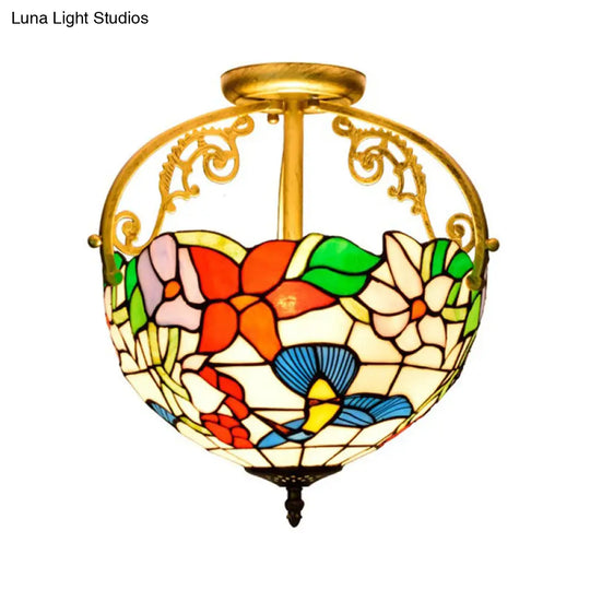 Stained Glass Rose Semi Flush Mount Lighting - Elegant 2 - Light Mediterranean Ceiling Fixture In