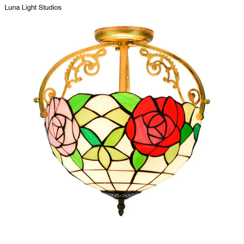 Stained Glass Rose Semi Flush Mount Lighting - Elegant 2 - Light Mediterranean Ceiling Fixture In