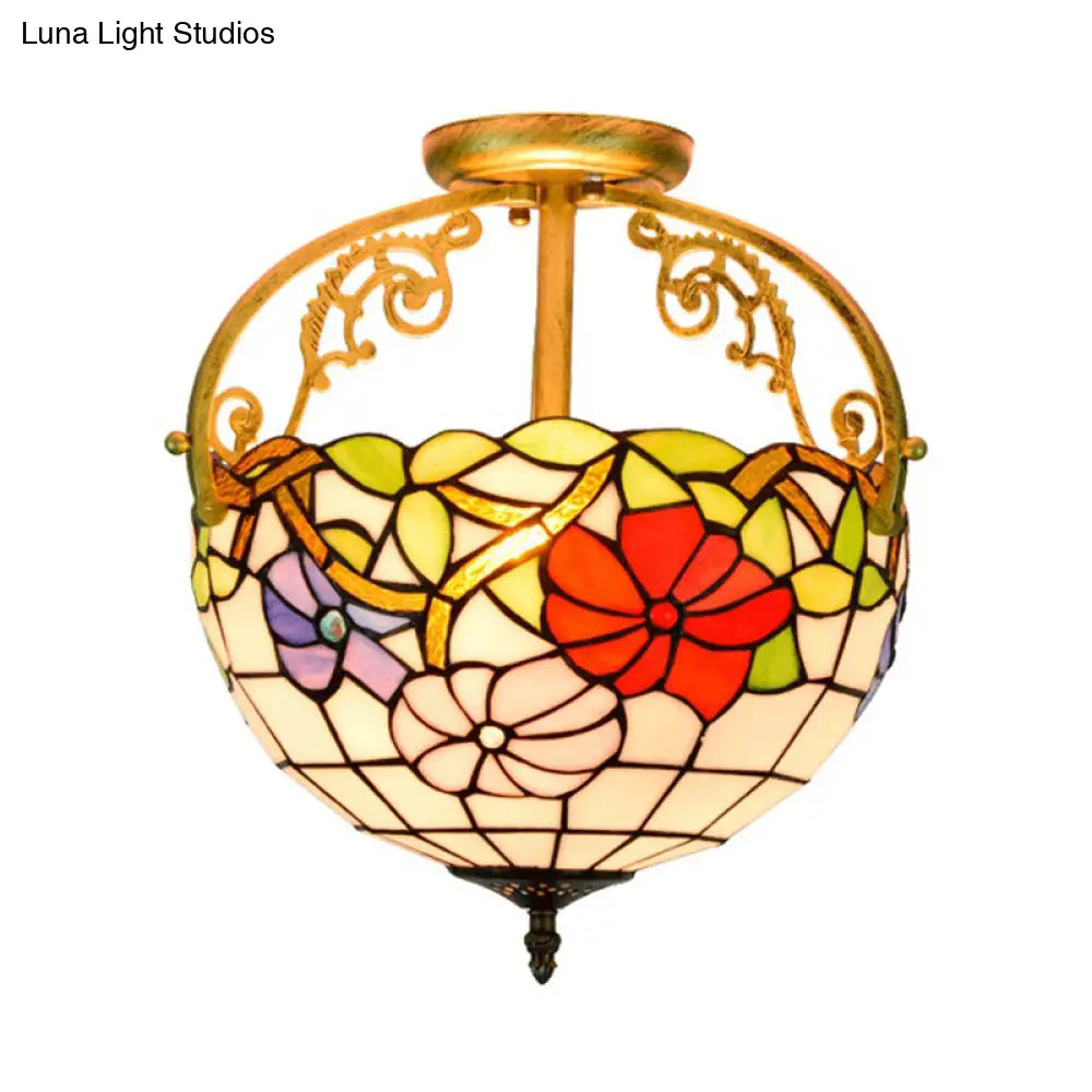 Stained Glass Rose Semi Flush Mount Lighting - Elegant 2 - Light Mediterranean Ceiling Fixture In