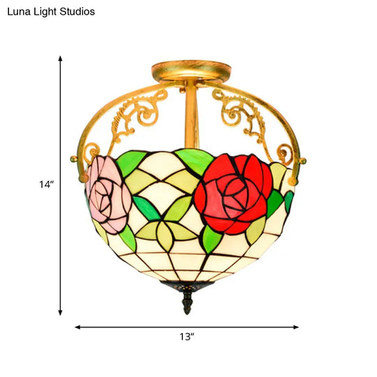 Stained Glass Rose Semi Flush Mount Lighting - Elegant 2 - Light Mediterranean Ceiling Fixture In