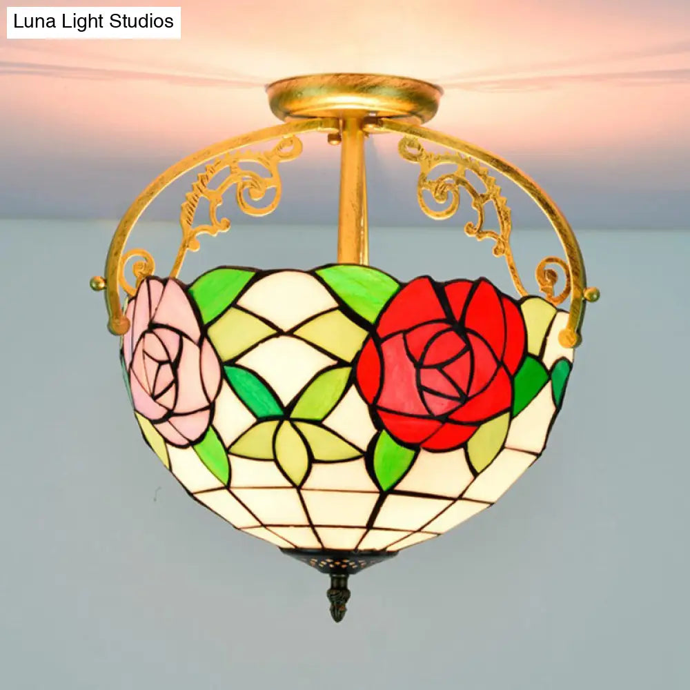 Rose Semi Flush Mount 2-Light Stained Glass Ceiling Fixture - Mediterranean Style In Red/Pink/Blue