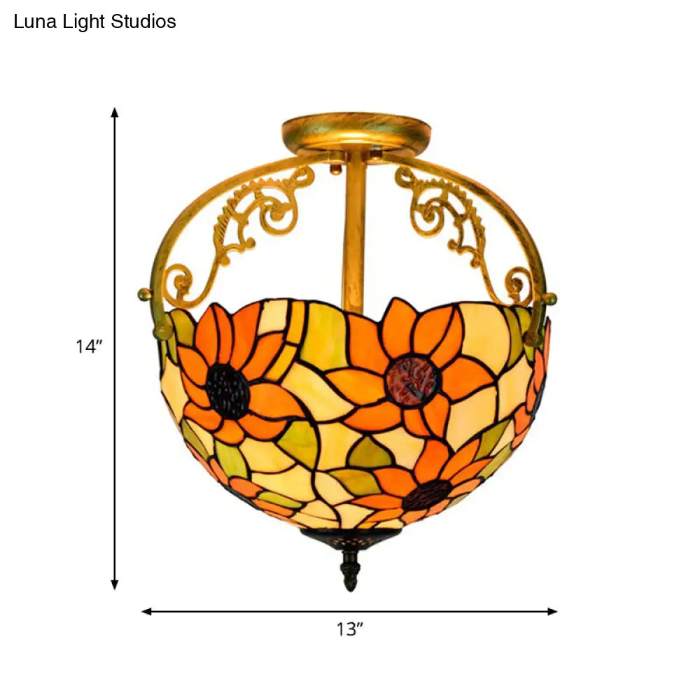 Rose Semi Flush Mount 2-Light Stained Glass Ceiling Fixture - Mediterranean Style In Red/Pink/Blue