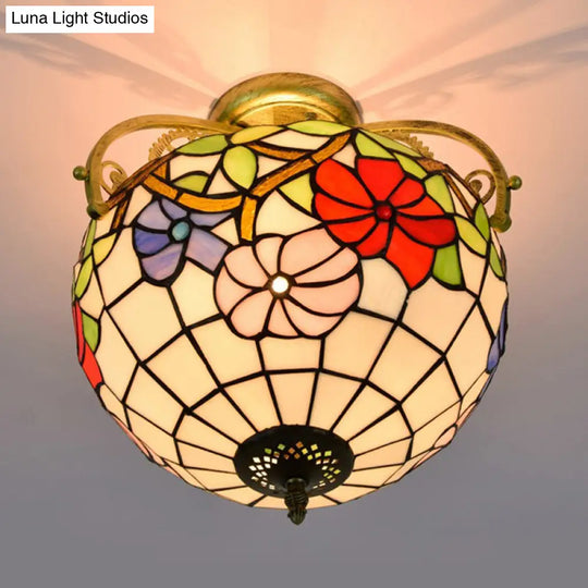 Stained Glass Rose Semi Flush Mount Lighting - Elegant 2 - Light Mediterranean Ceiling Fixture In