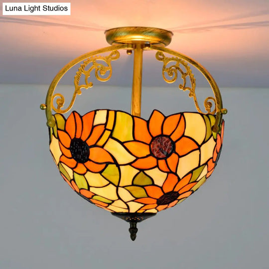 Stained Glass Rose Semi Flush Mount Lighting - Elegant 2 - Light Mediterranean Ceiling Fixture In