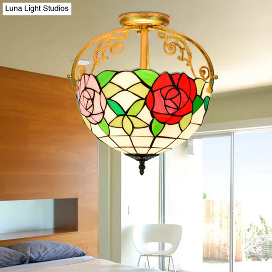 Stained Glass Rose Semi Flush Mount Lighting - Elegant 2 - Light Mediterranean Ceiling Fixture In