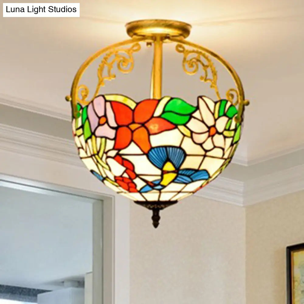 Rose Semi Flush Mount 2-Light Stained Glass Ceiling Fixture - Mediterranean Style In Red/Pink/Blue