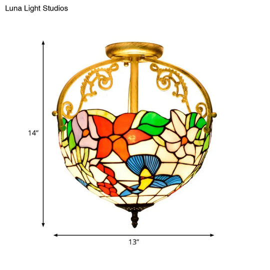 Rose Semi Flush Mount 2-Light Stained Glass Ceiling Fixture - Mediterranean Style In Red/Pink/Blue