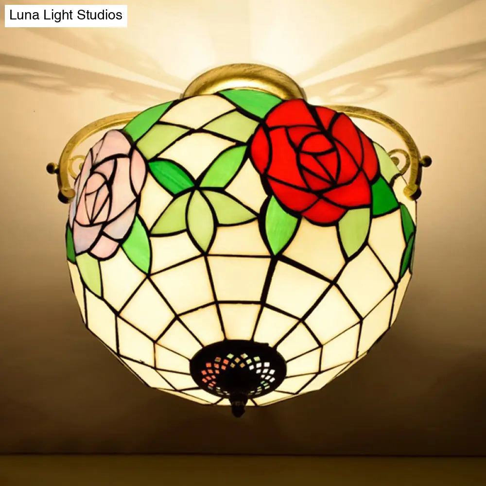 Stained Glass Rose Semi Flush Mount Lighting - Elegant 2 - Light Mediterranean Ceiling Fixture In