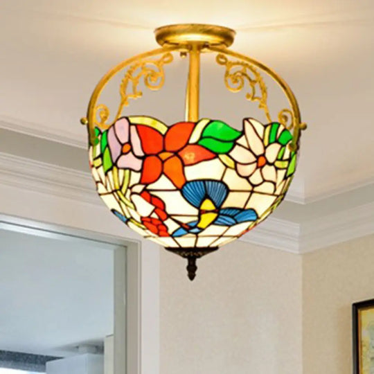 Stained Glass Rose Semi Flush Mount Lighting - Elegant 2 - Light Mediterranean Ceiling Fixture In