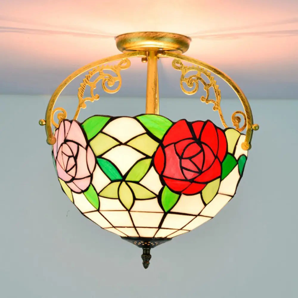 Stained Glass Rose Semi Flush Mount Lighting - Elegant 2 - Light Mediterranean Ceiling Fixture In