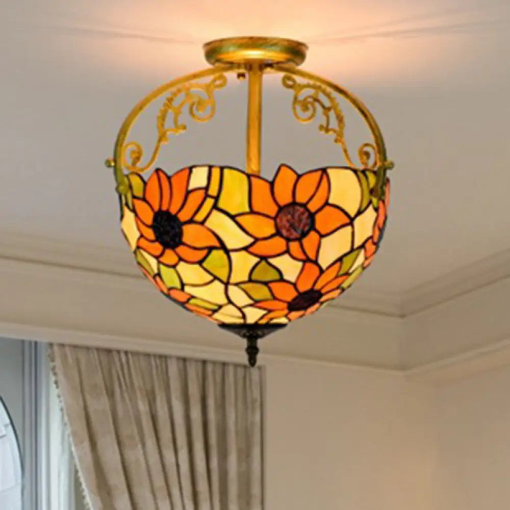 Stained Glass Rose Semi Flush Mount Lighting - Elegant 2 - Light Mediterranean Ceiling Fixture In