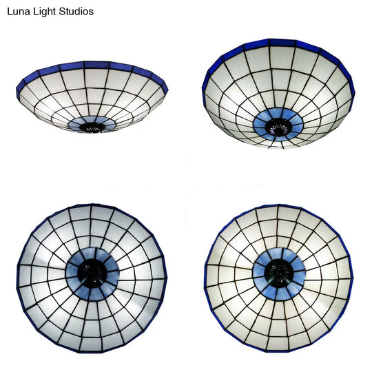 Stained Glass Round Ceiling Light Lodge Fixture - 12’/16’/19.5’ Flush Mount Orange/Blue