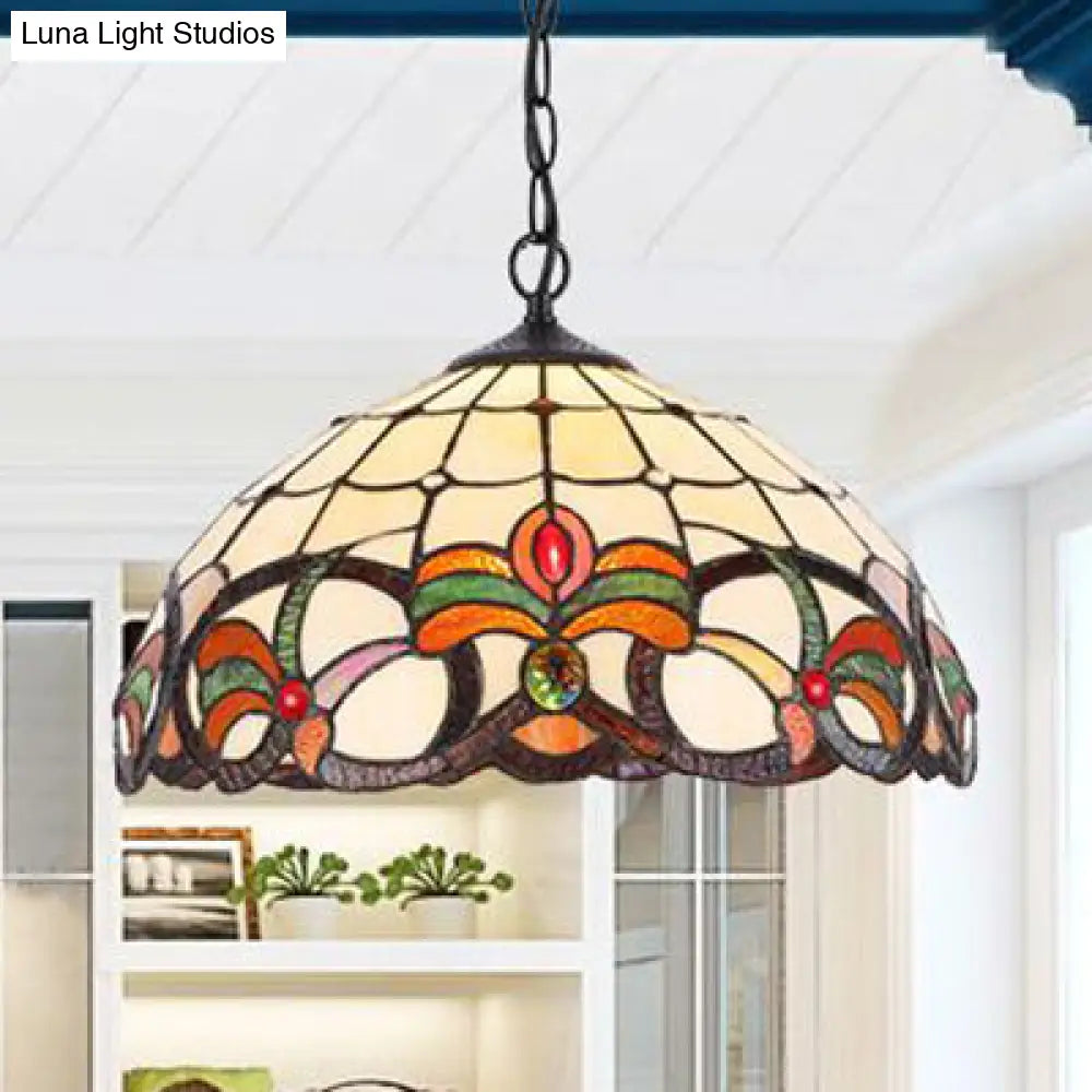 Stained Glass Rustic Tiffany Pendant Light: Multi Color Flower Hanging Light In Black Finish
