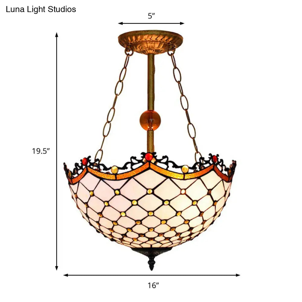 Traditional Stained Glass Semi-Flush Light With Scalloped Design And 3 Lights - Ideal For Living