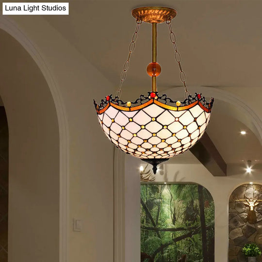 Traditional Stained Glass Semi-Flush Light With Scalloped Design And 3 Lights - Ideal For Living