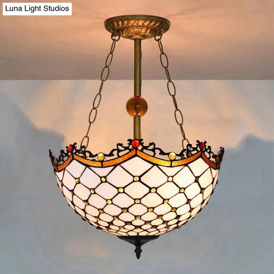 Traditional Stained Glass Semi-Flush Light With Scalloped Design And 3 Lights - Ideal For Living